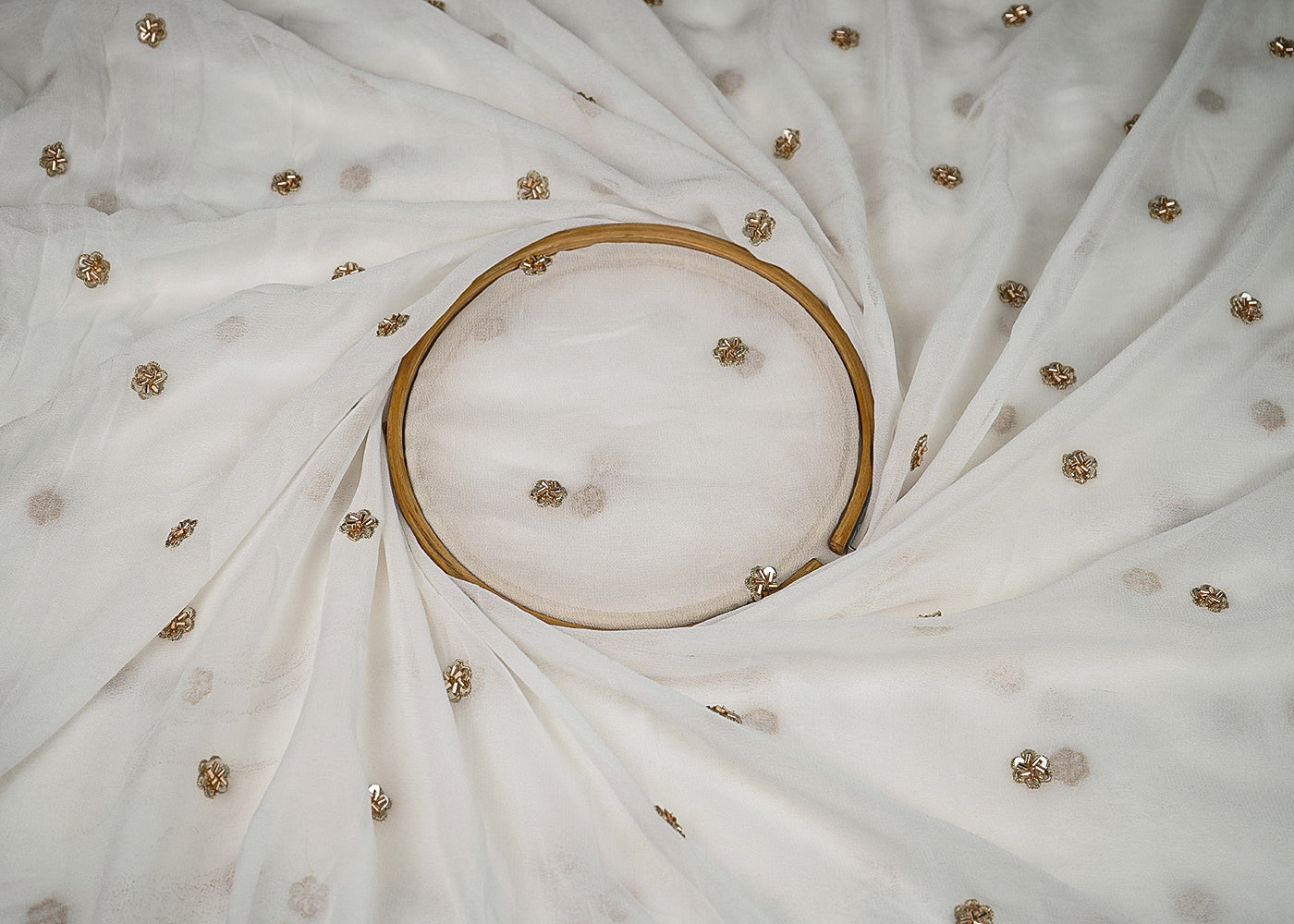 White Georgette Fabric with Allover Golden Buti of Zari, Katdana and Sequins Work 19689