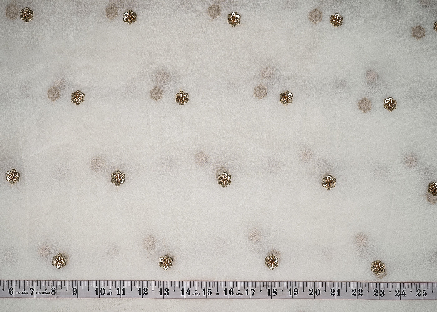 White Georgette Fabric with Allover Golden Buti of Zari, Katdana and Sequins Work 19689