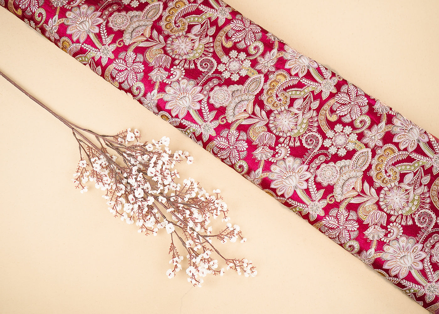 Maroon Banarasi Silk Fabric with Allover Traditional Print and Zari Work 19690