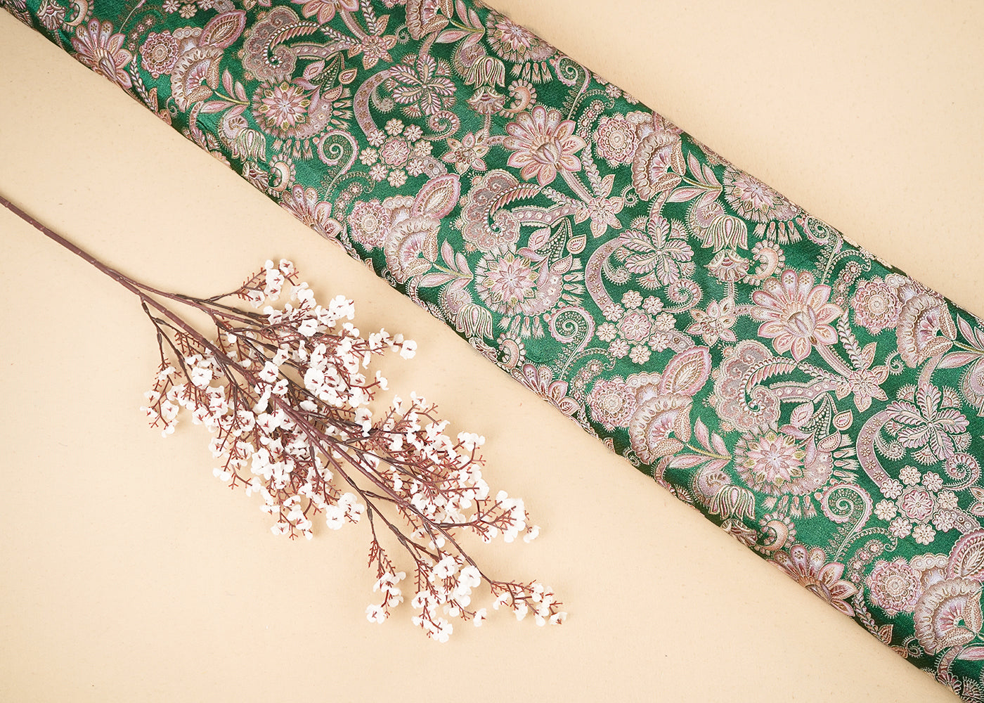 Green Banarasi Silk Fabric with Allover Traditional Print and Zari Work 19692