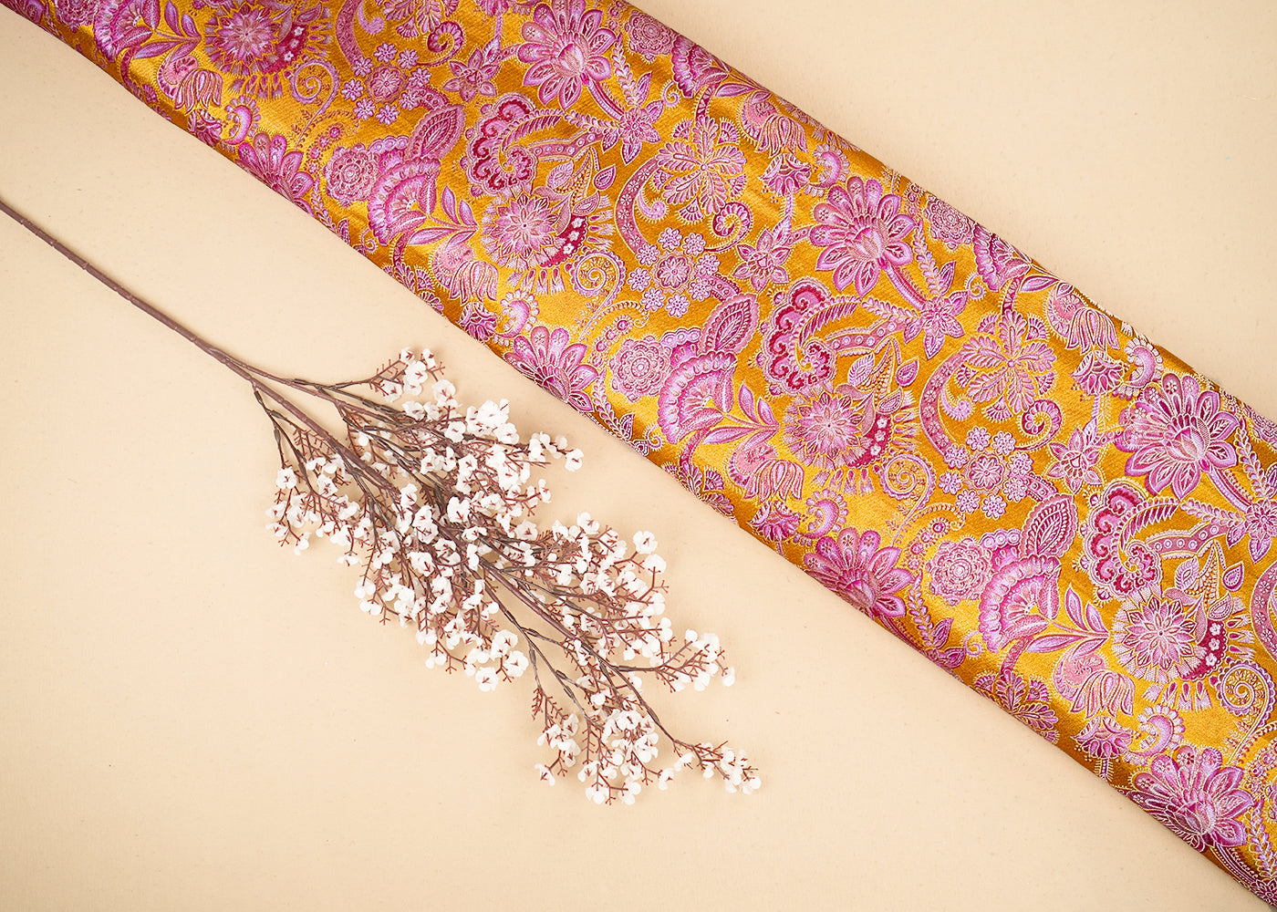 Mustard Banarasi Silk Fabric with Allover Traditional Print and Zari Work 19693