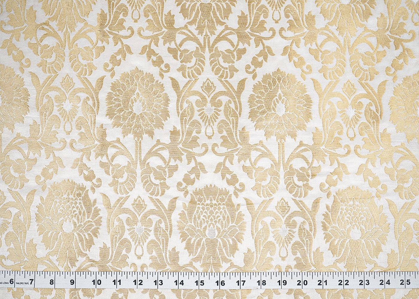 White Banarasi Brocade Fabric with Allover Golden Zari Handloom 19695