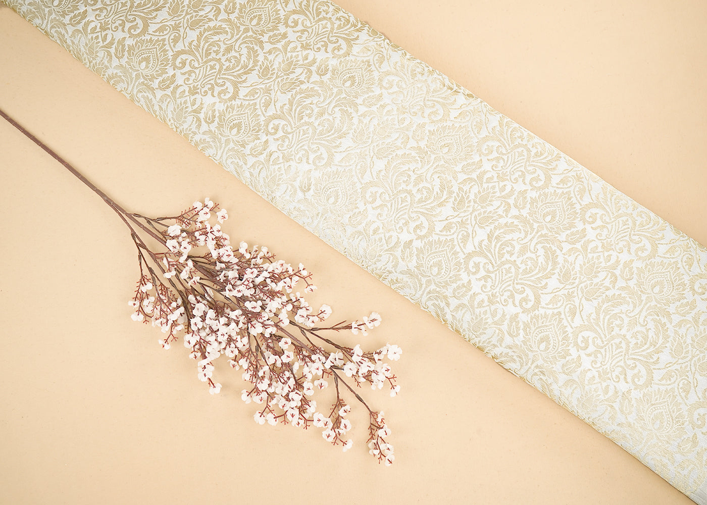 Off White Banarasi Brocade Fabric with Allover Golden Zari Handloom 19696