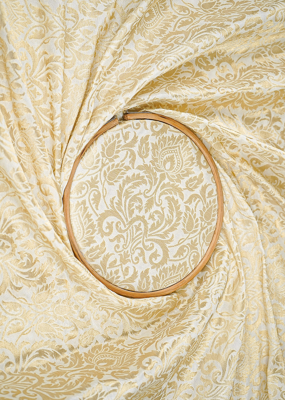 Off White Banarasi Brocade Fabric with Allover Golden Zari Handloom 19696