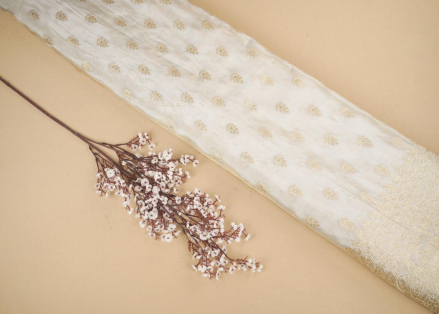 Light Golden Banarasi Tissue Fabric with Allover Golden Zari Handloom Buti and One-Side Border 19698