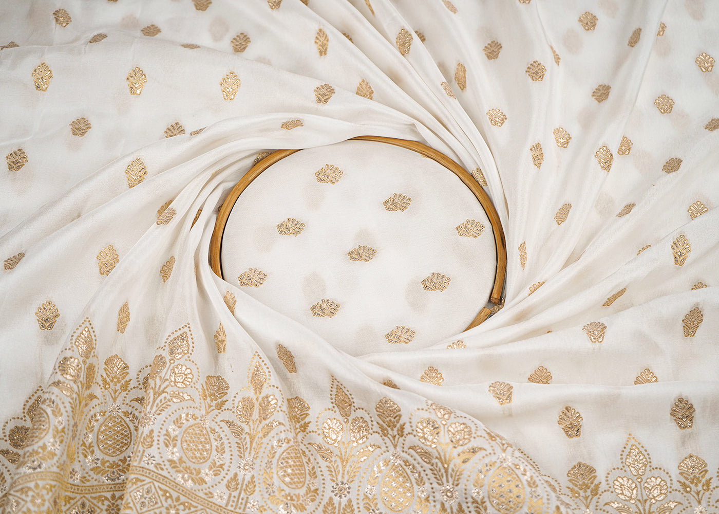 White Upada Silk Fabric with Allover Zari Handloom and One-Side Border 19704