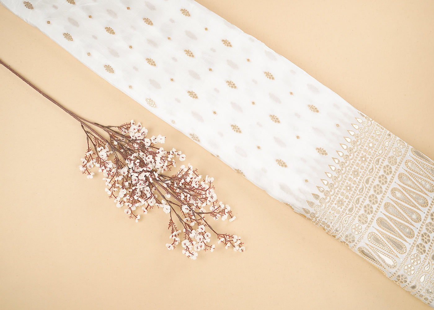 White Upada Silk Fabric with Allover Zari Handloom and One-Side Border 19706