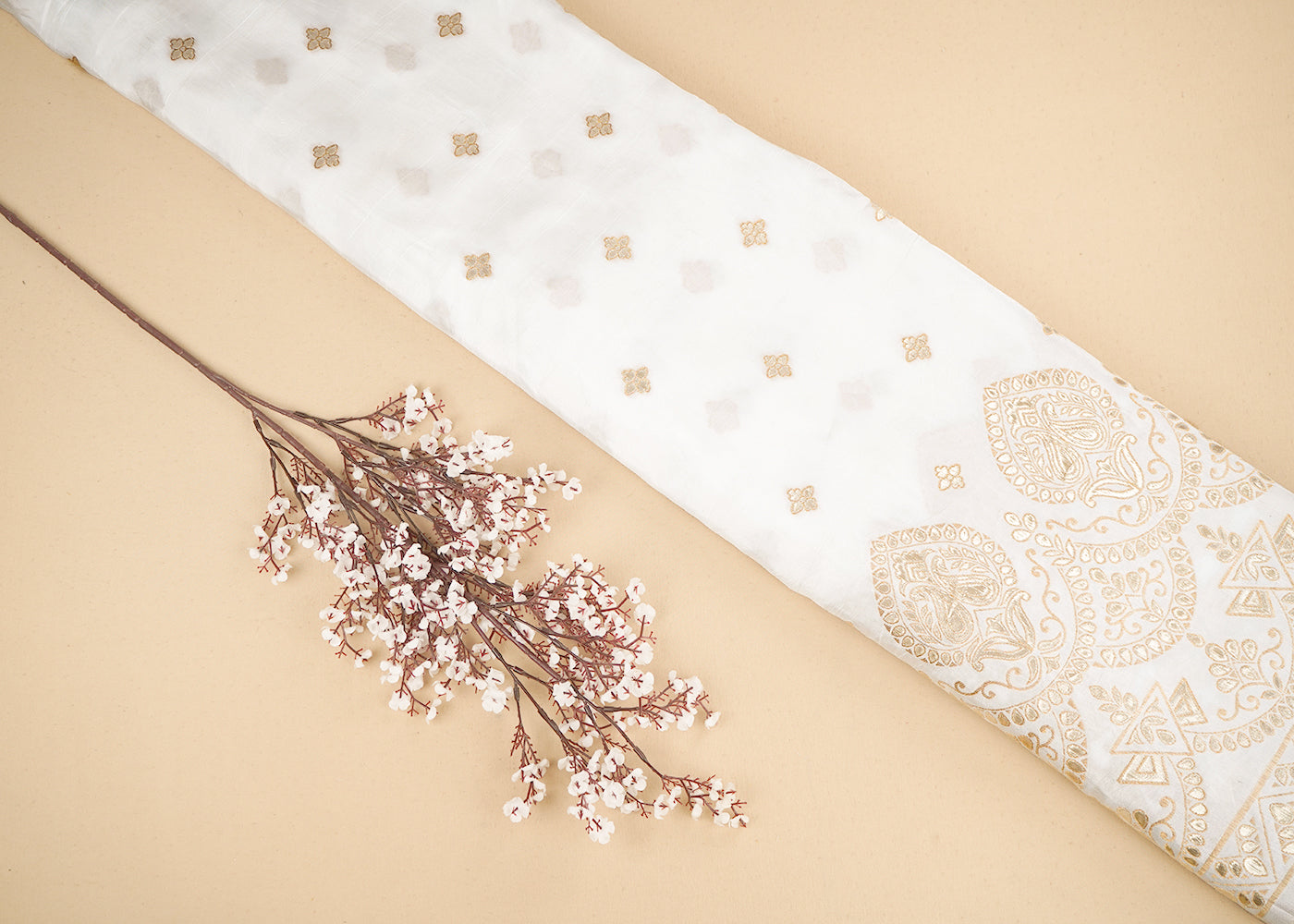 White Upada Silk Fabric with Allover Zari Handloom and One-Side Border 19707