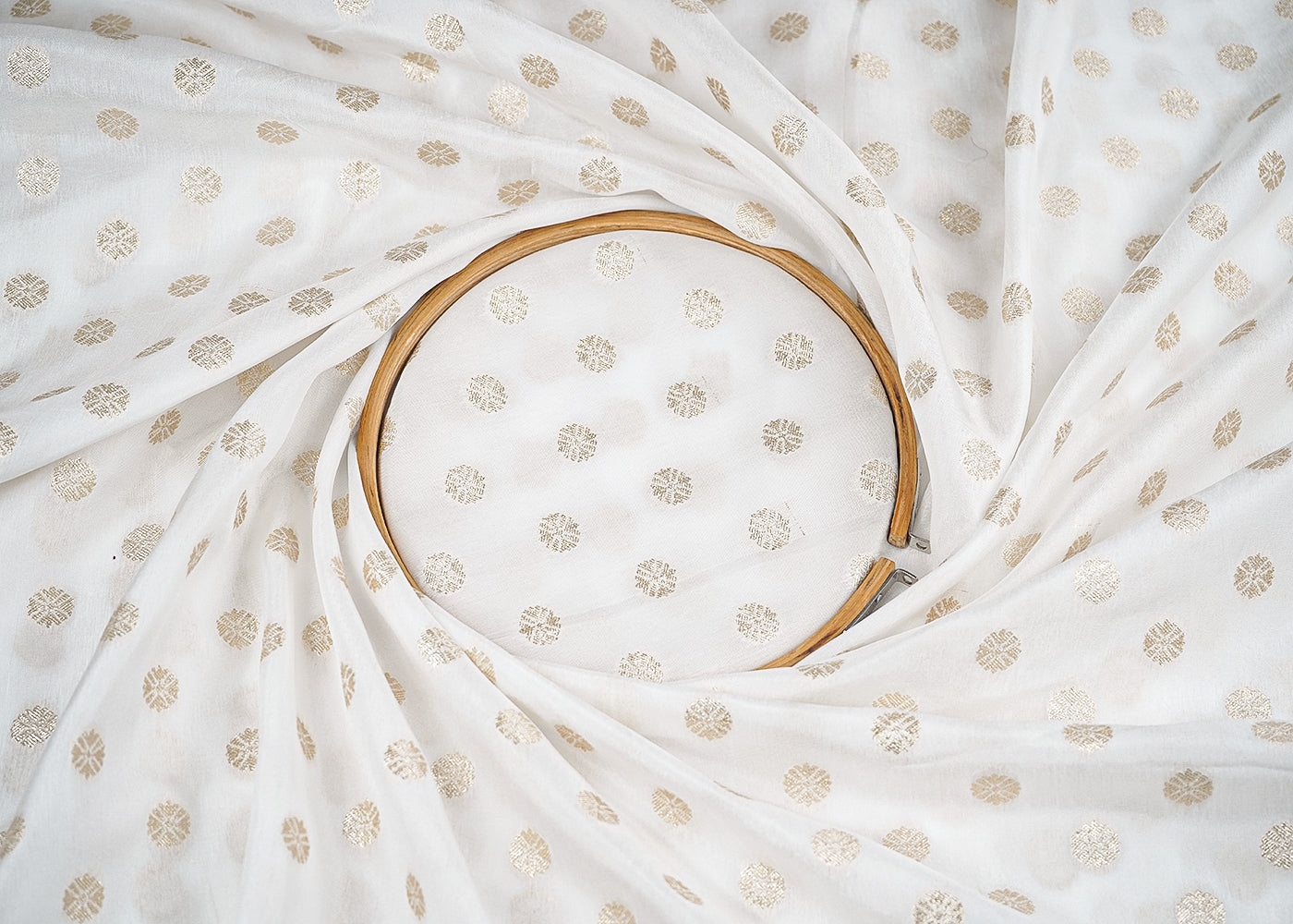 White Upada Silk Fabric with Allover Golden Zari Handloom 19710