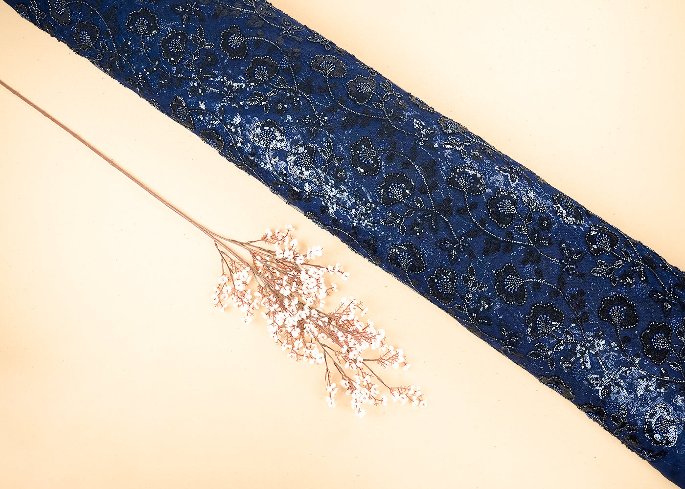 Navy Blue Imported Net Fabric with Allover Bead, Sequins and Katdana Work 19712