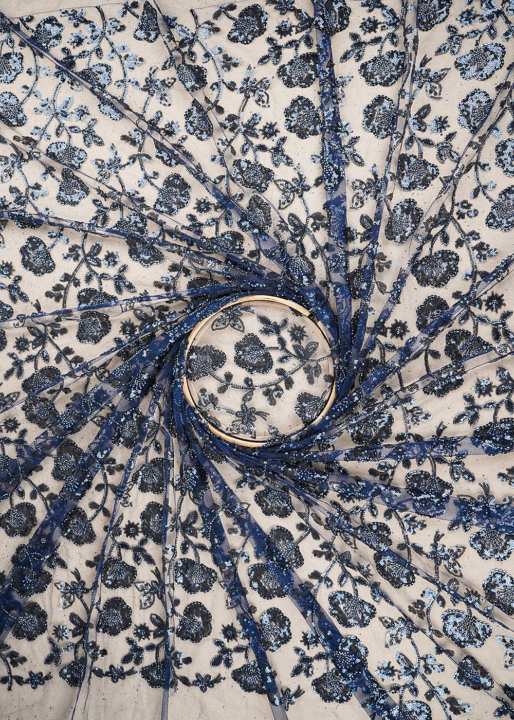 Navy Blue Imported Net Fabric with Allover Bead, Sequins and Katdana Work 19712