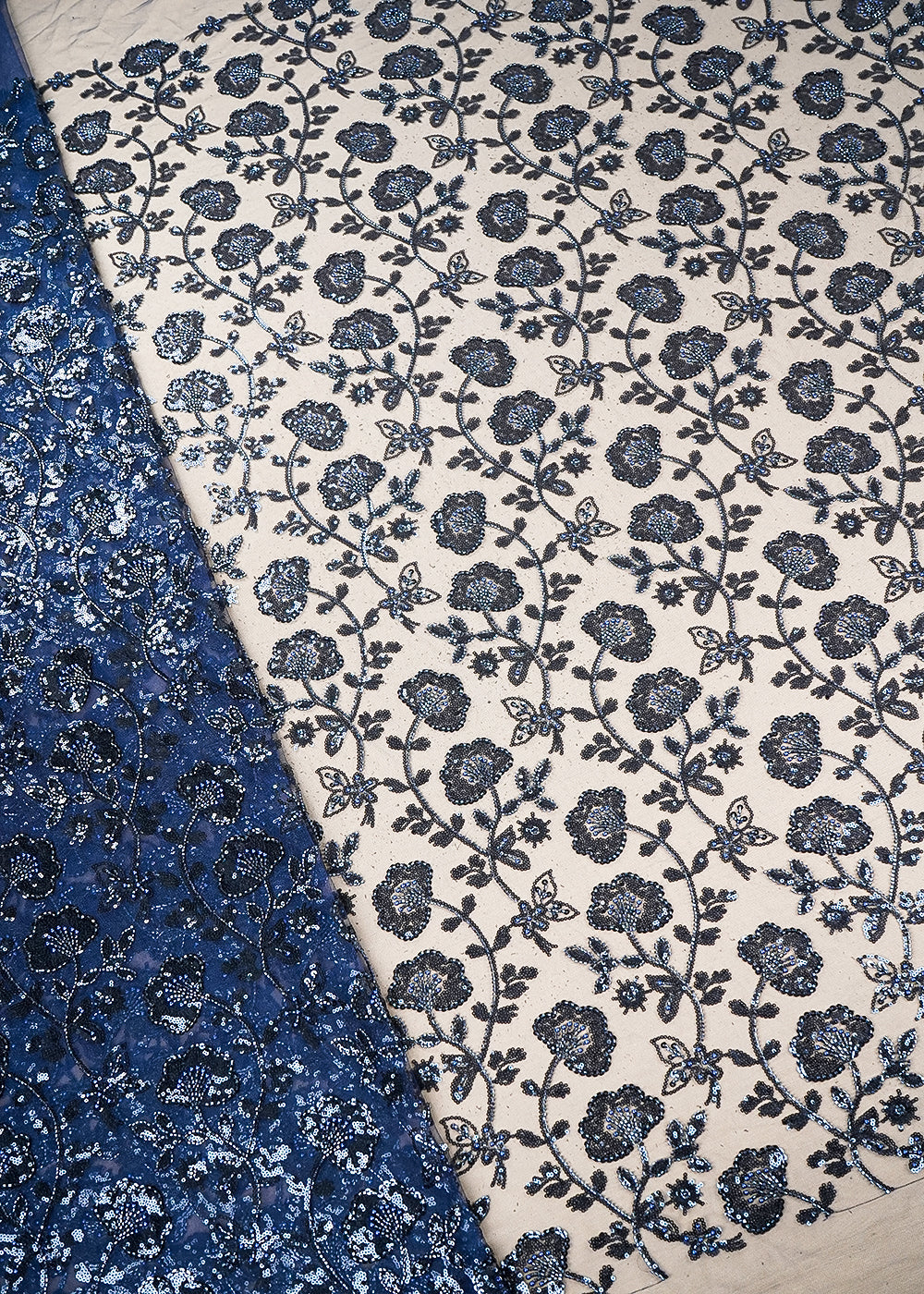 Navy Blue Imported Net Fabric with Allover Bead, Sequins and Katdana Work 19712