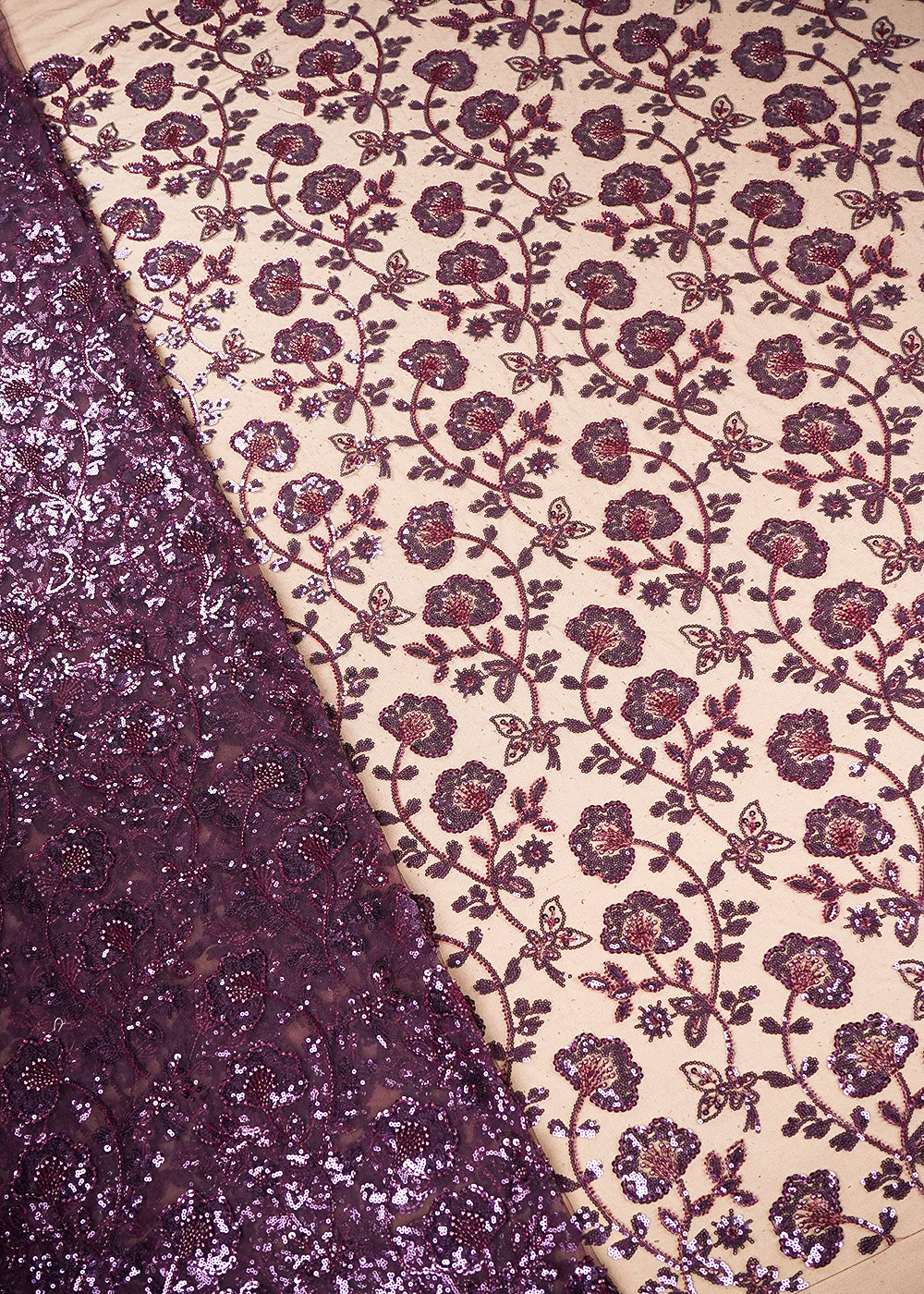 Wine Imported Net Fabric with Allover Bead, Sequins and Katdana Work 19716