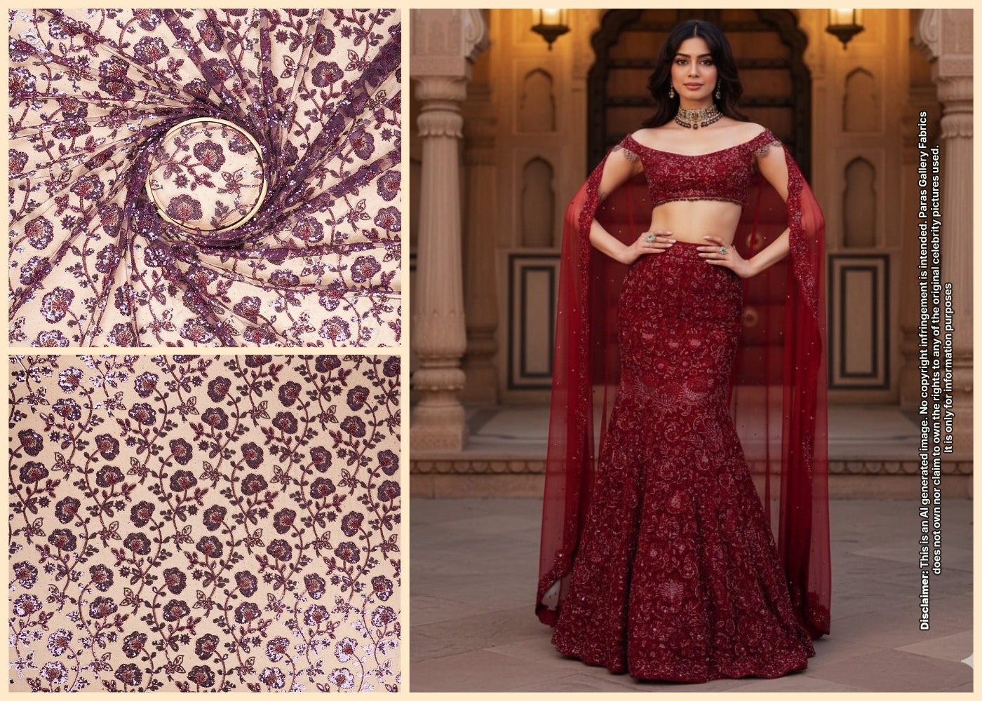 Khushi Kapoor Inspired Edition | Wine Embroidered Imported Net Unstitched Fabric 19716