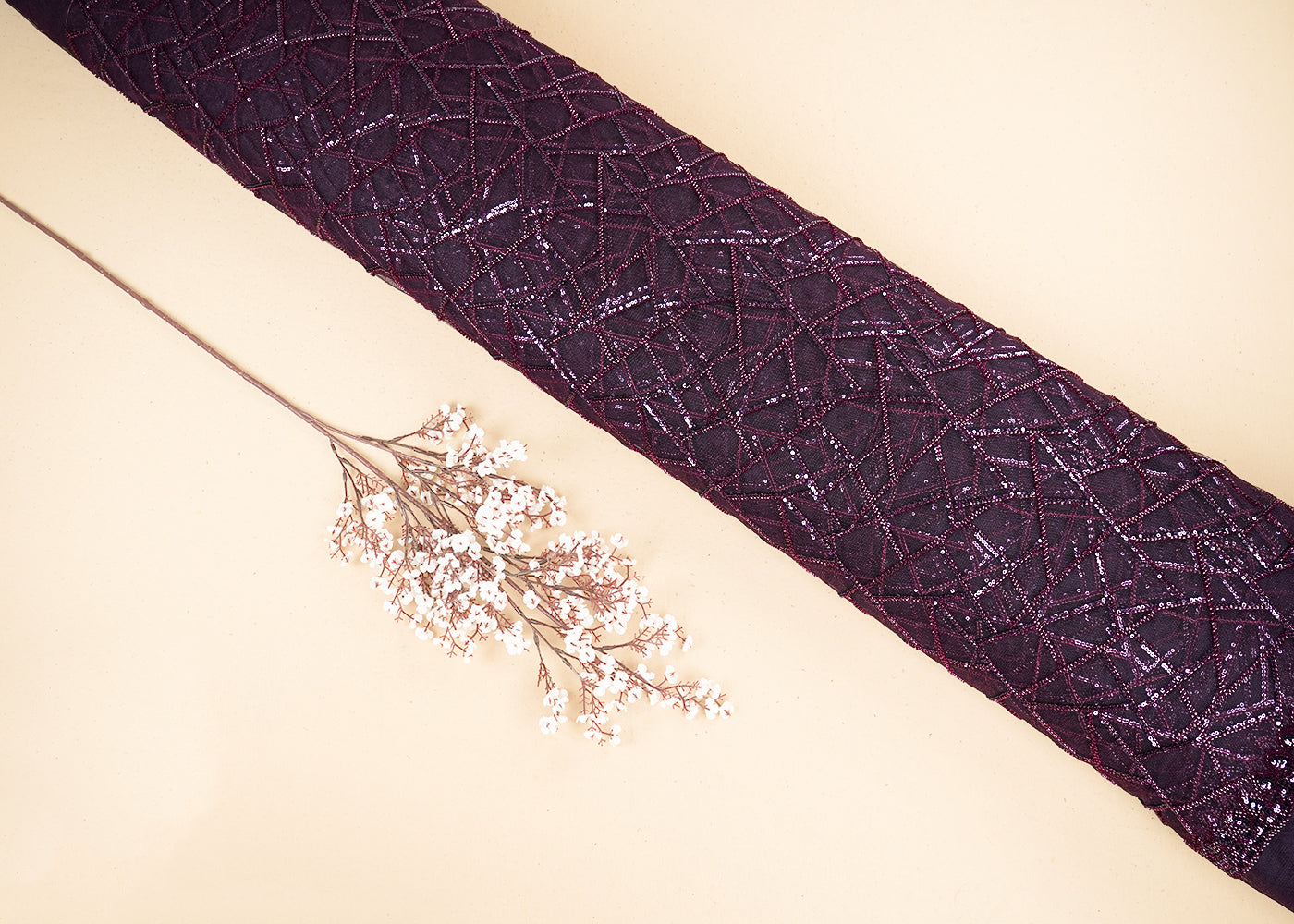 Wine Imported Net Fabric with Allover Sequins and Bead Work with One-Side Border 19717