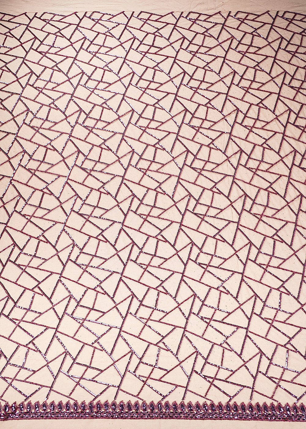 Wine Imported Net Fabric with Allover Sequins and Bead Work with One-Side Border 19717