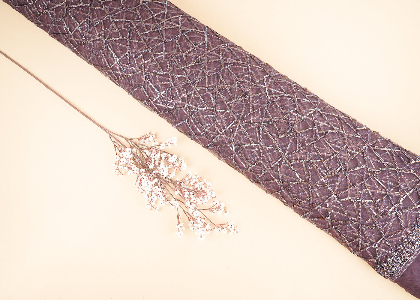 Light Coffee Brown Imported Net Fabric with Allover Sequins and Bead Work with One-Side Border 19719