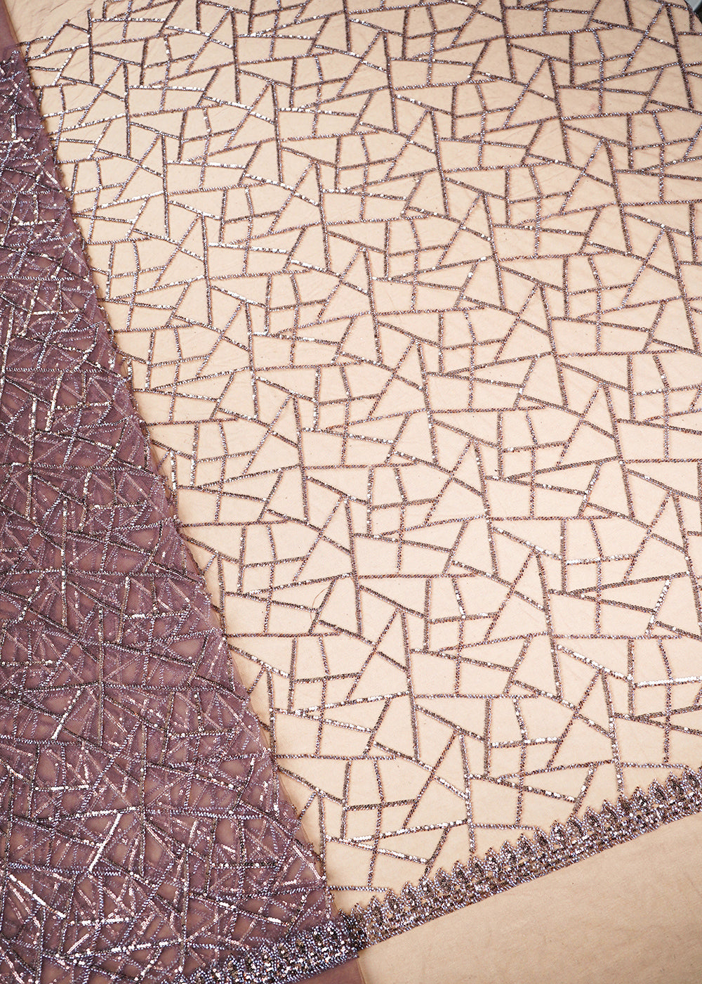 Light Coffee Brown Imported Net Fabric with Allover Sequins and Bead Work with One-Side Border 19719
