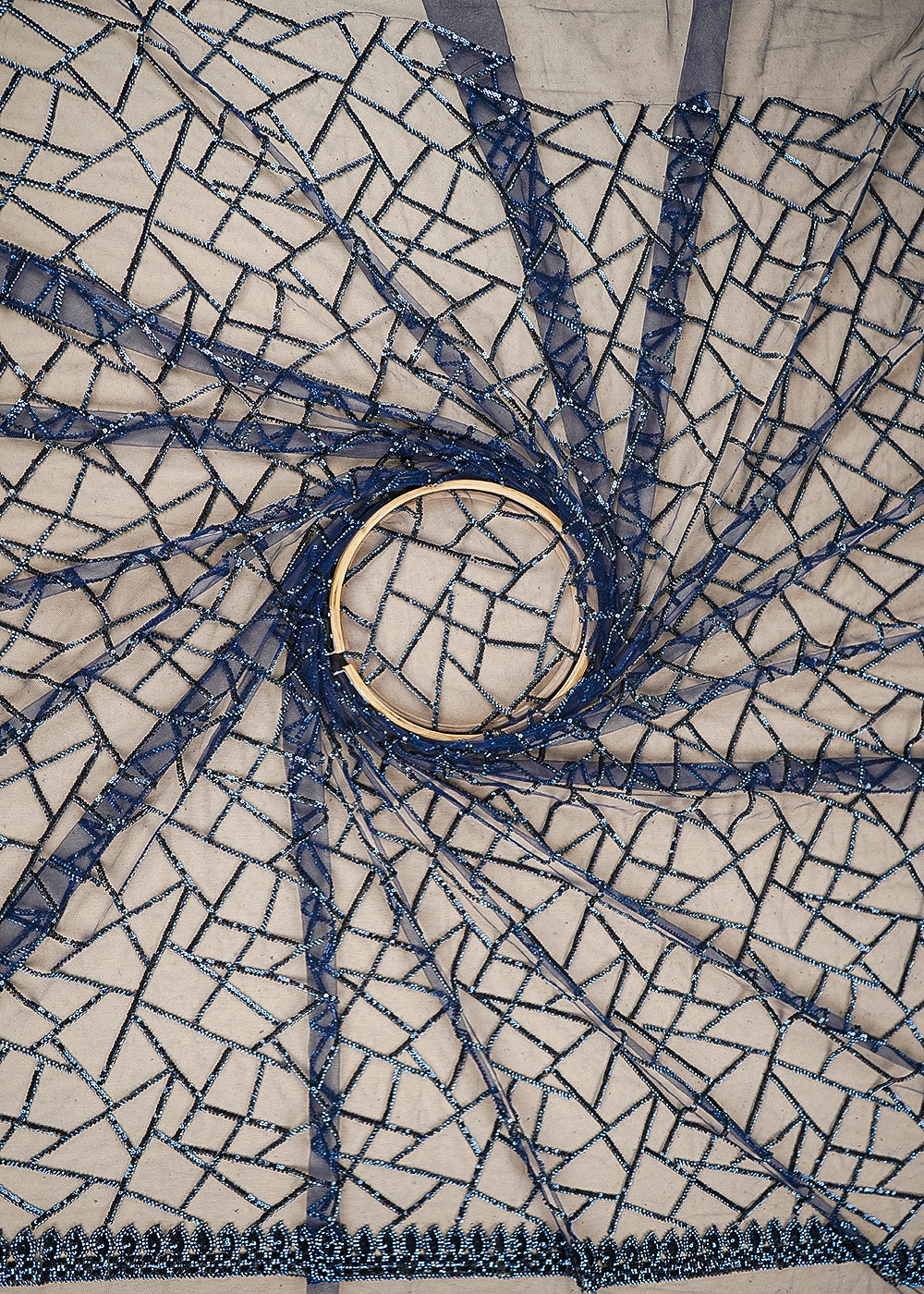 Navy Blue Imported Net Fabric with Allover Sequins and Bead Work with One-Side Border 19720