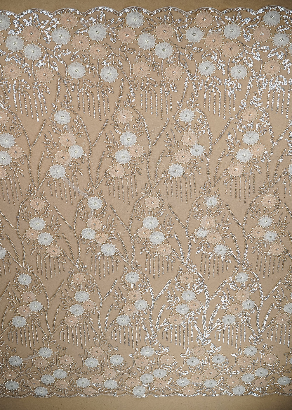 Cream Imported Net Fabric with Allover Ribbon Work, Katdana & Bead Work with Two-Side Scalloped Edges 19721