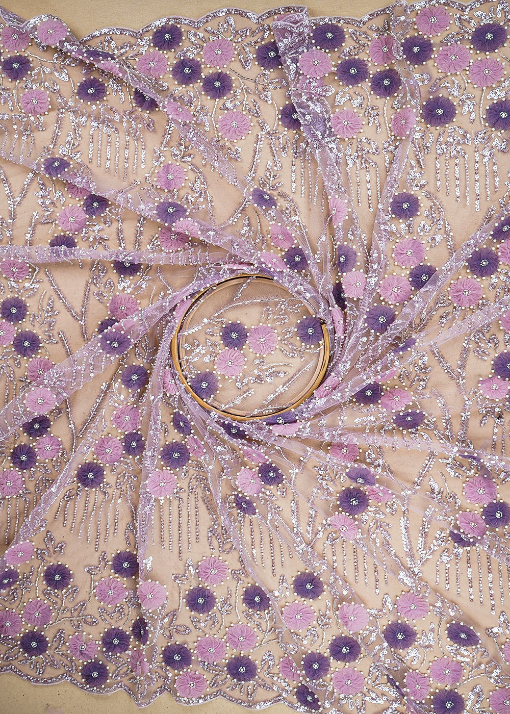 Purple Imported Net Fabric with Allover Ribbon Work, Katdana & Bead Work with Two-Side Scalloped Edges Border 19722