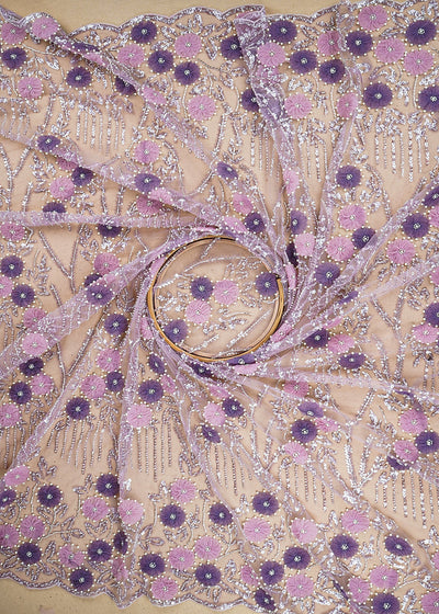 Purple Imported Net Fabric with Allover Ribbon Work, Katdana & Bead Work with Two-Side Scalloped Edges Border 19722