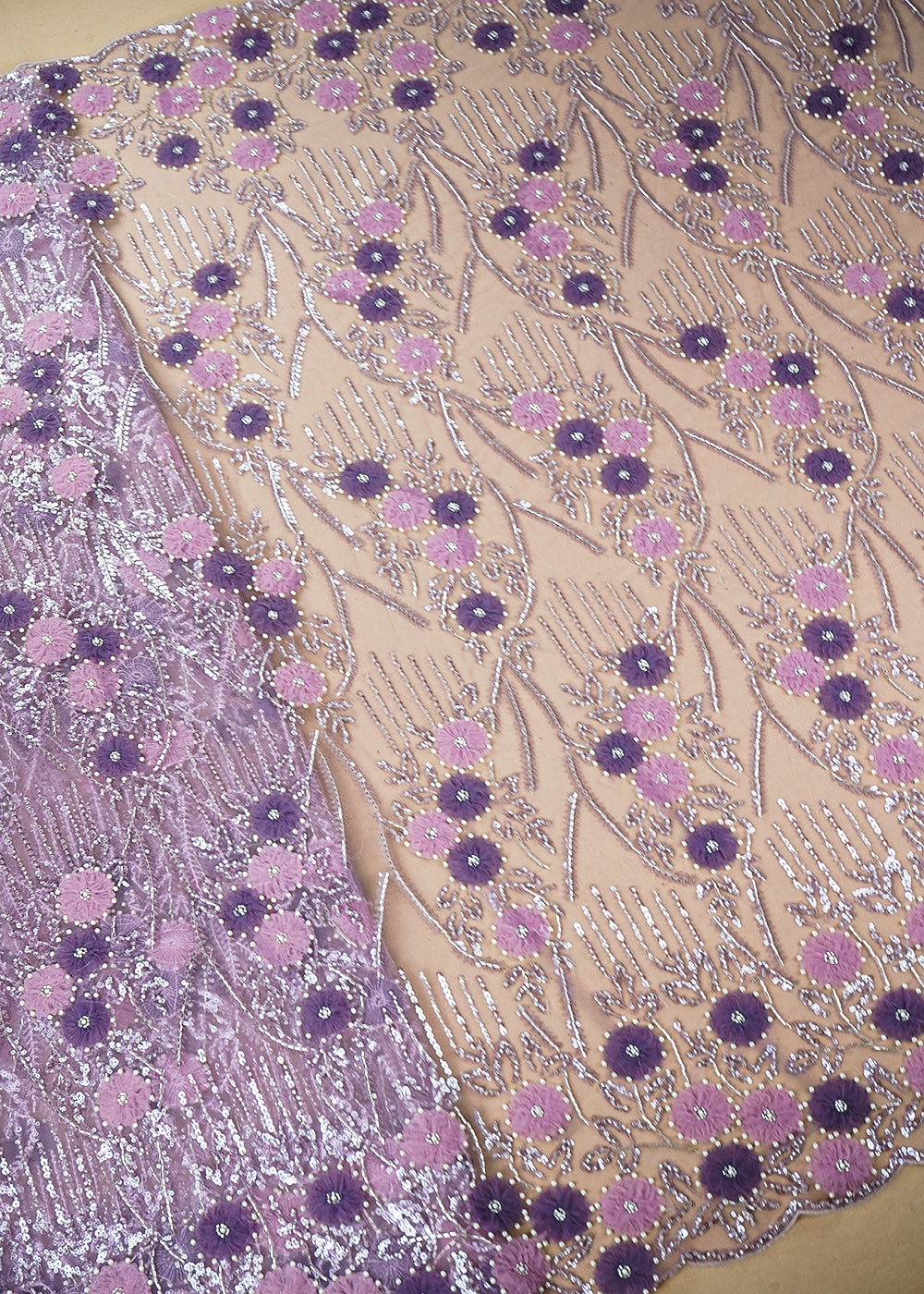 Purple Imported Net Fabric with Allover Ribbon Work, Katdana & Bead Work with Two-Side Scalloped Edges Border 19722