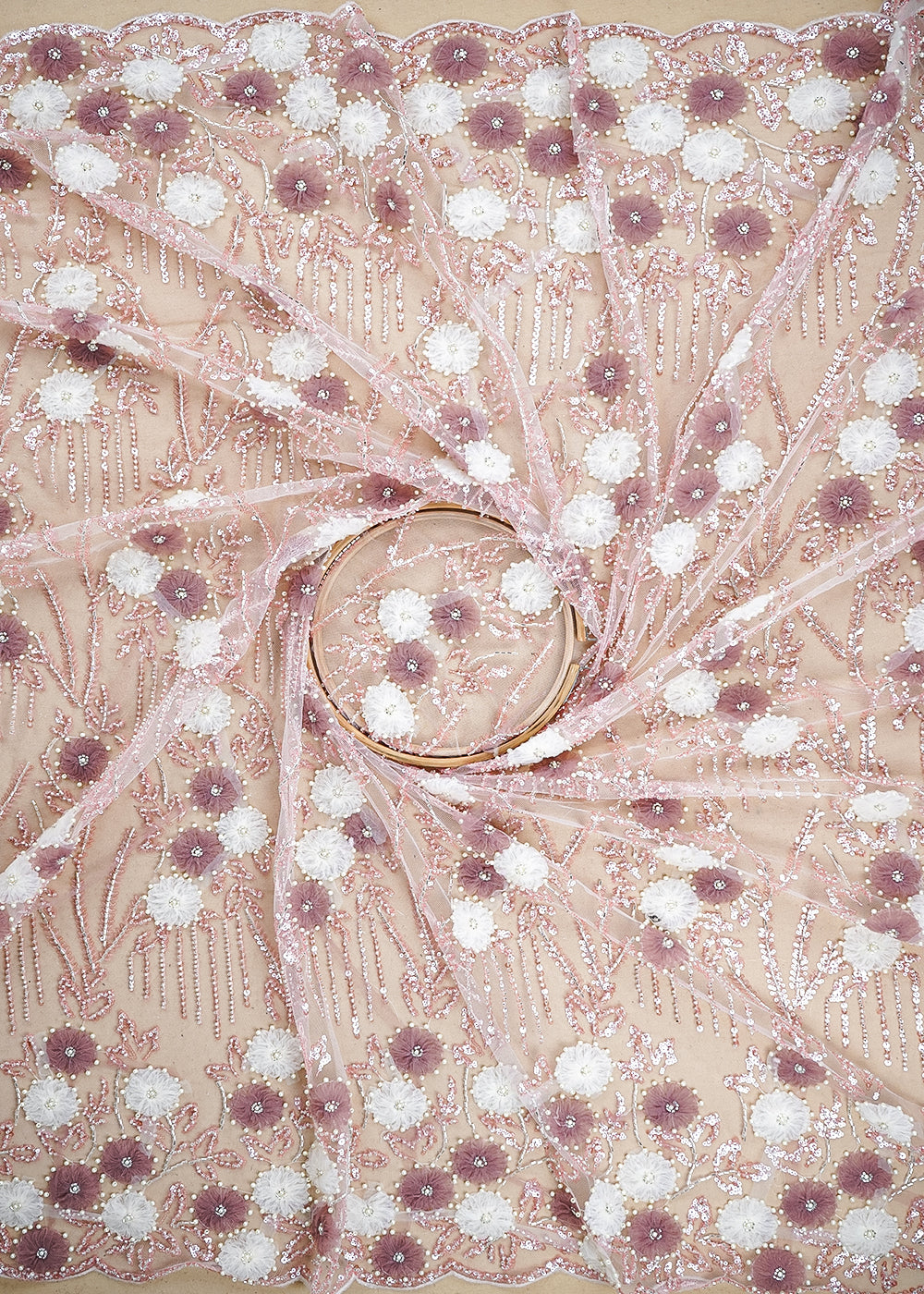 Light Pink Imported Net Fabric with Allover Ribbon Work, Katdana & Bead Work with Two-Side Scalloped Edges 19723