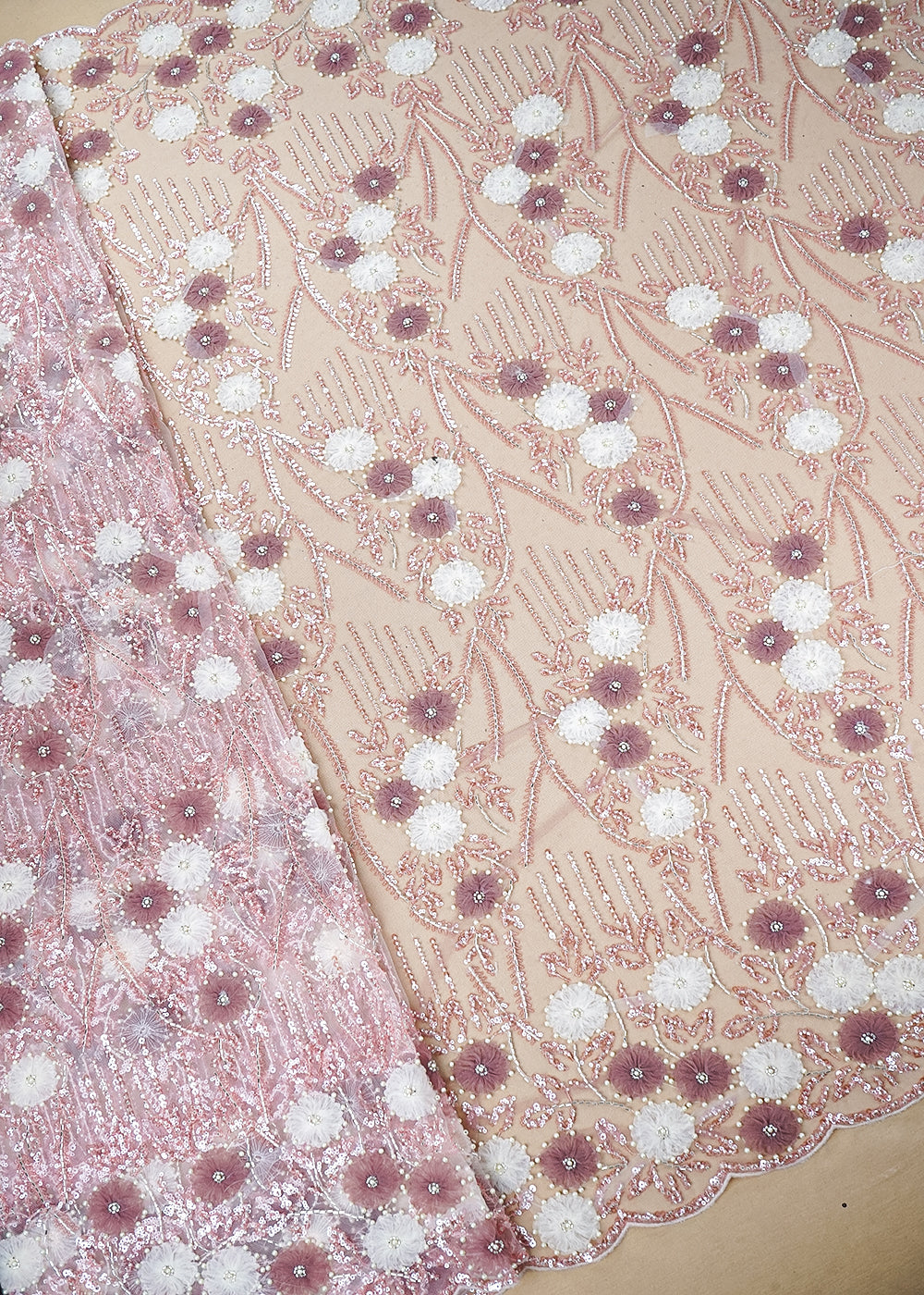 Light Pink Imported Net Fabric with Allover Ribbon Work, Katdana & Bead Work with Two-Side Scalloped Edges 19723