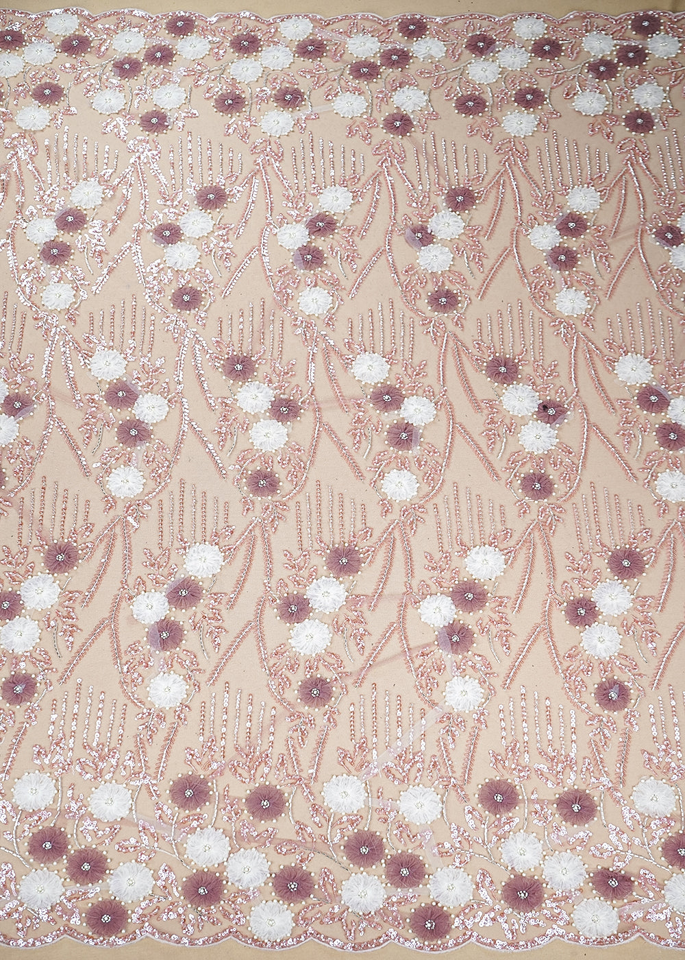 Light Pink Imported Net Fabric with Allover Ribbon Work, Katdana & Bead Work with Two-Side Scalloped Edges 19723