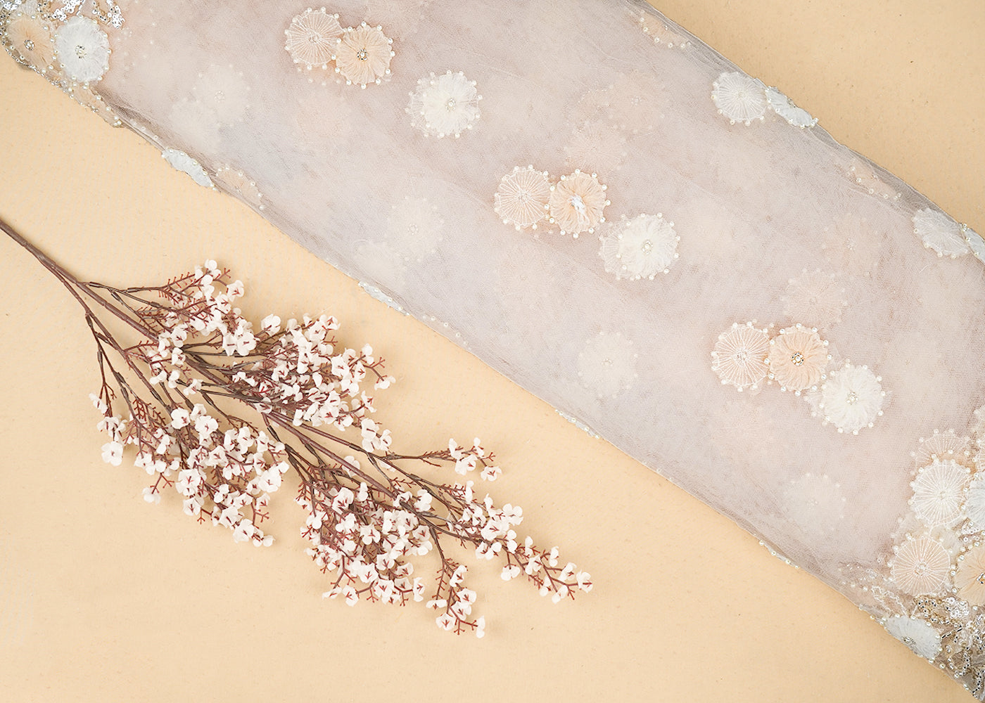 Cream Imported Net Fabric with Allover Ribbon work, Katdana & Bead Work with Two-Side Border 19724