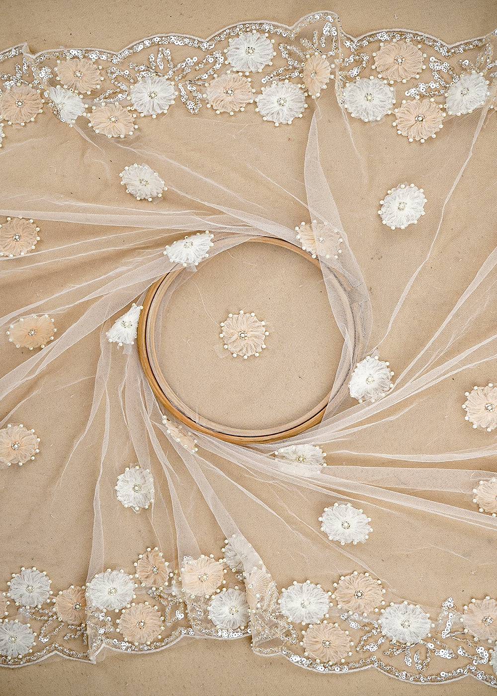 Cream Imported Net Fabric with Allover Ribbon work, Katdana & Bead Work with Two-Side Border 19724