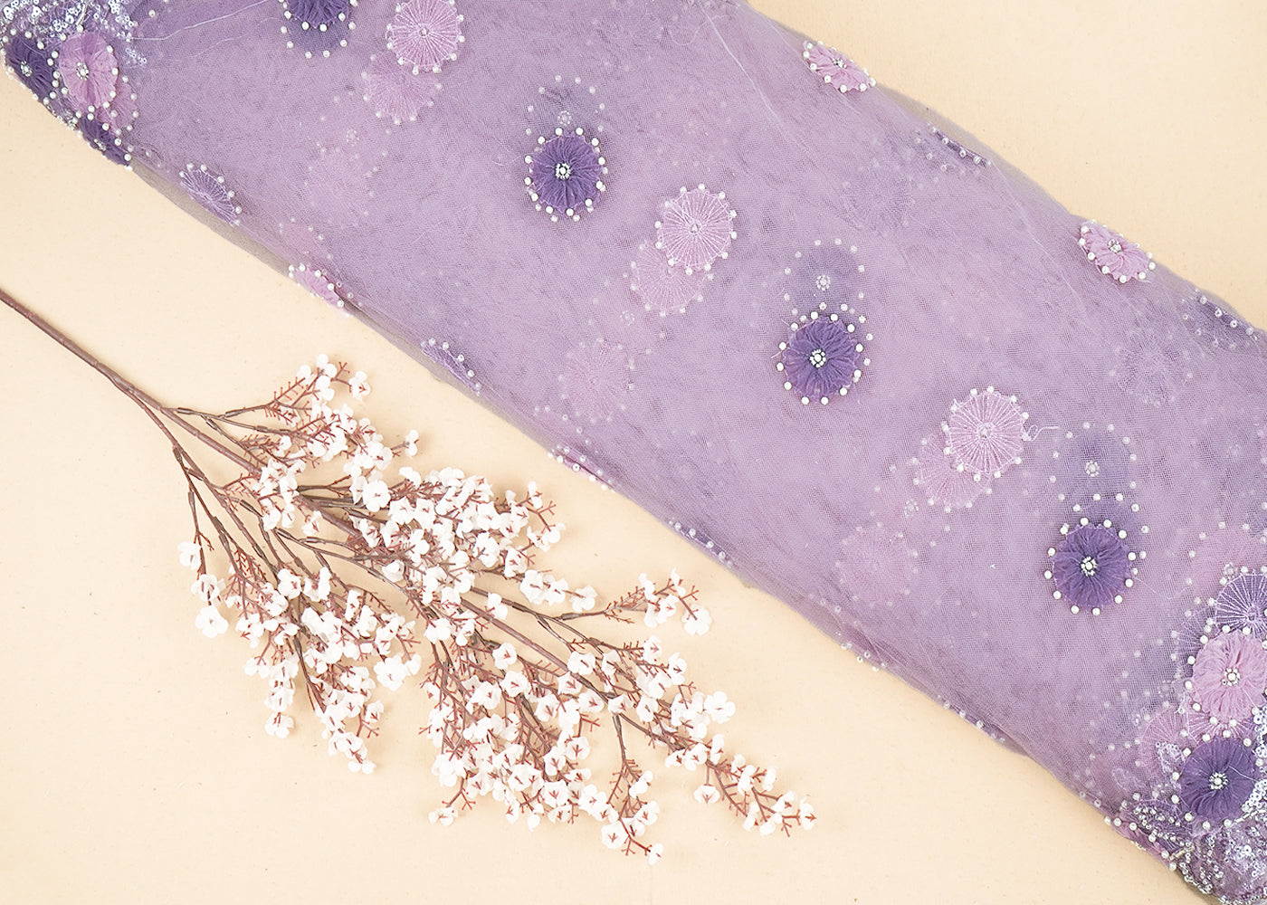 Purple Imported Net Fabric with Allover Ribbon Work, Katdana & Bead Work with Two-Side Border 19725