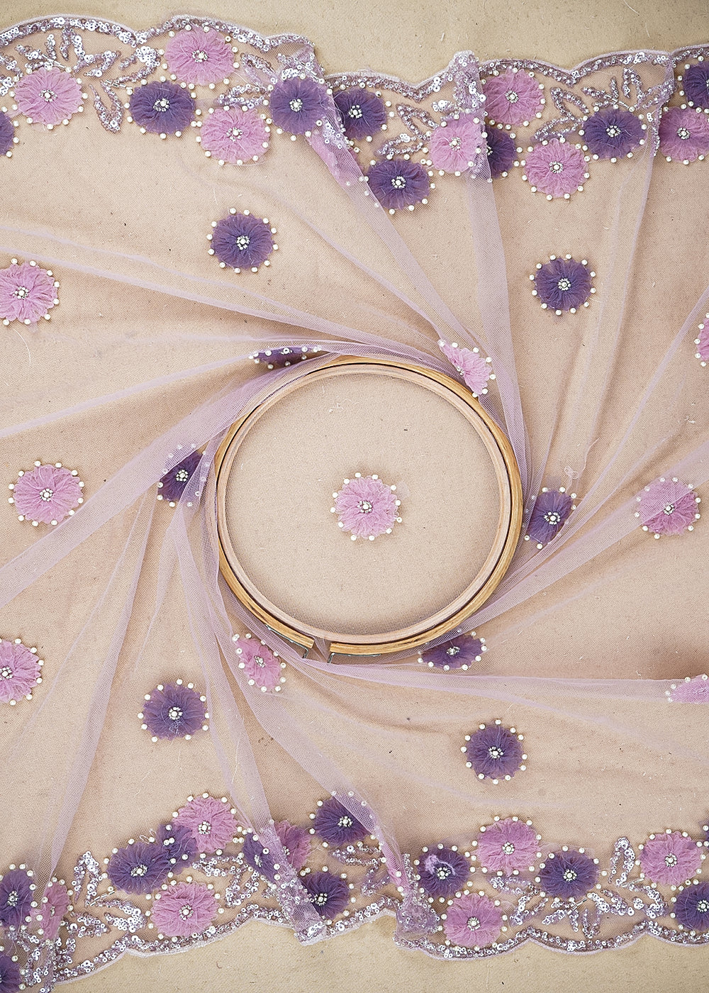 Purple Imported Net Fabric with Allover Ribbon Work, Katdana & Bead Work with Two-Side Border 19725