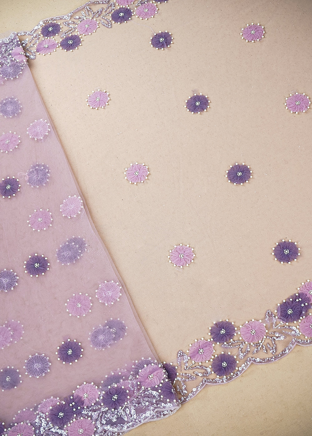 Purple Imported Net Fabric with Allover Ribbon Work, Katdana & Bead Work with Two-Side Border 19725