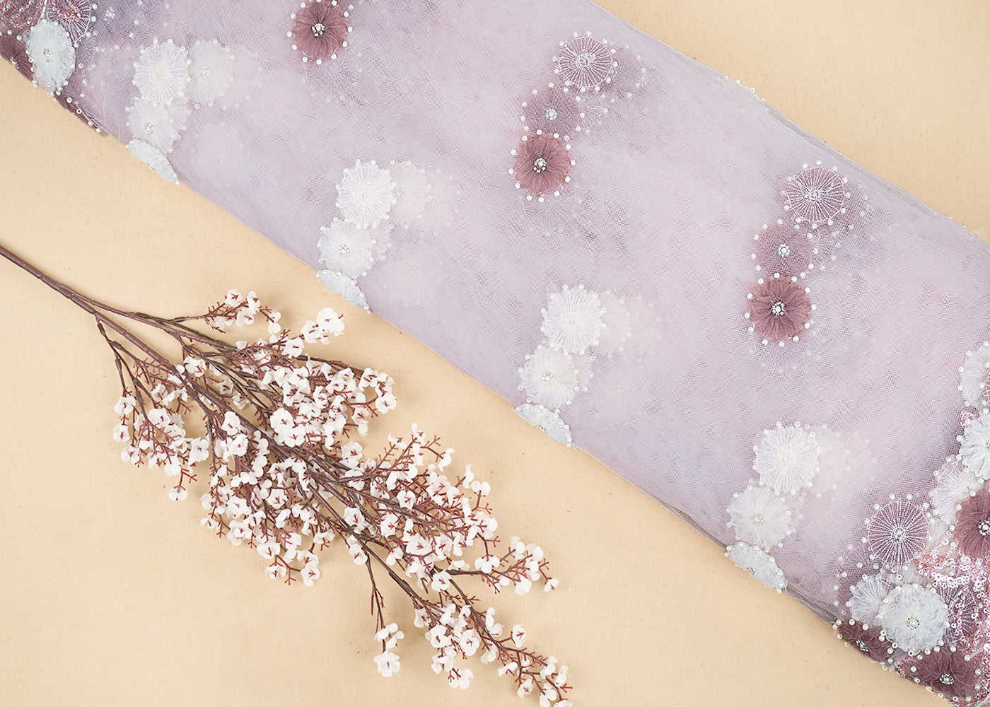 Light Pink Imported Net Fabric with Allover Ribbon Work, Katdana & Bead Work with Two-Side Border 19726