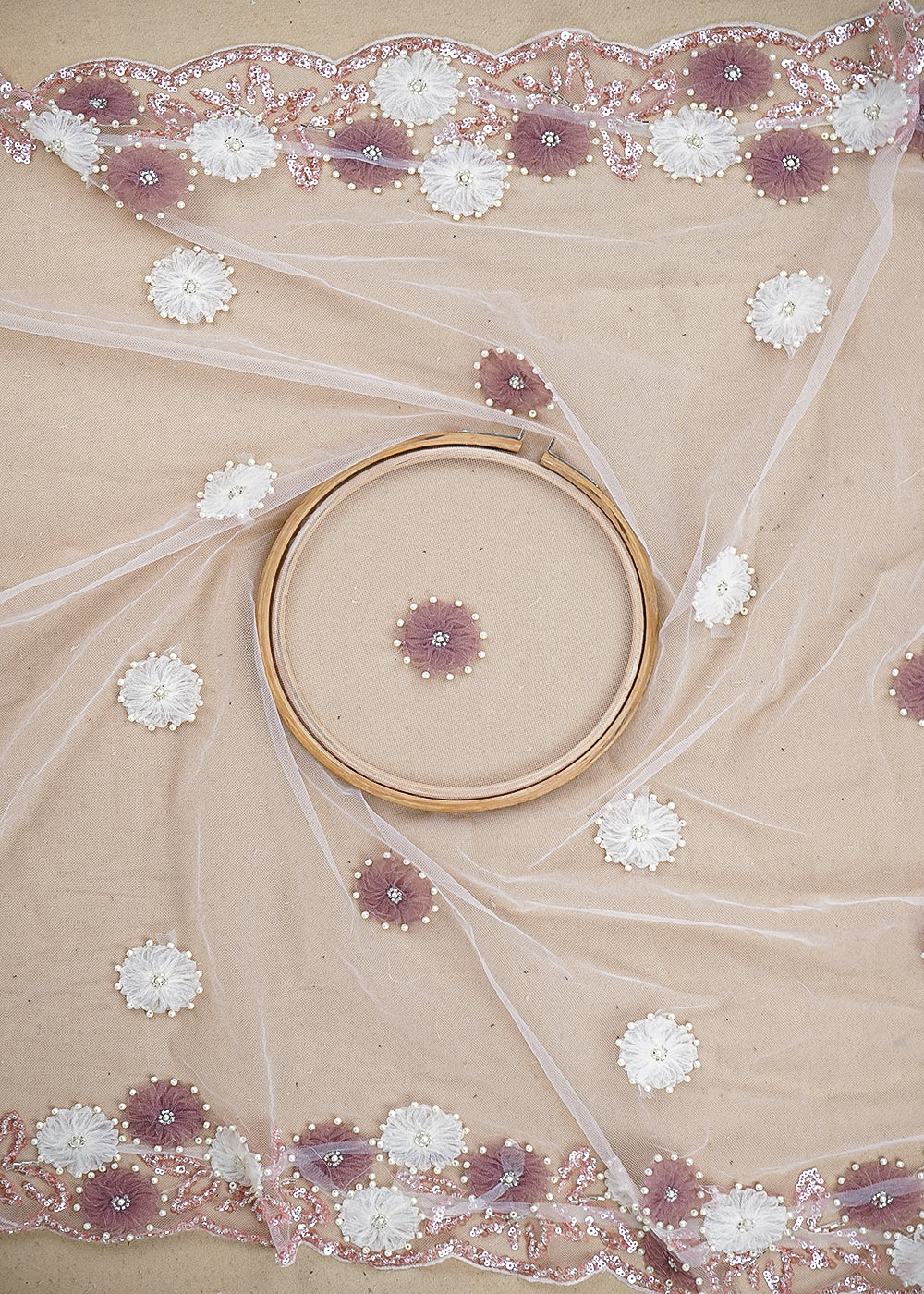 Light Pink Imported Net Fabric with Allover Ribbon Work, Katdana & Bead Work with Two-Side Border 19726
