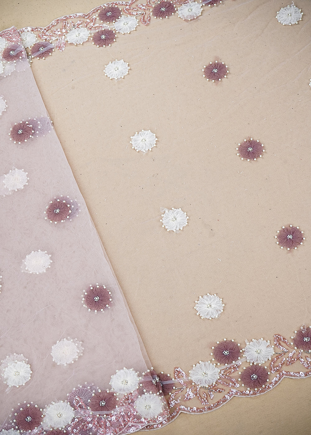 Light Pink Imported Net Fabric with Allover Ribbon Work, Katdana & Bead Work with Two-Side Border 19726