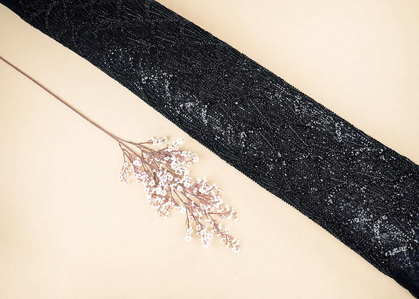 Black Imported Net Fabric with Allover Bead & Sequins Work 19731