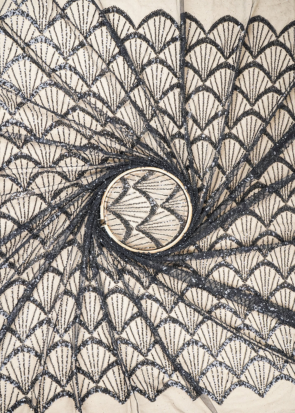 Black Imported Net Fabric with Allover Bead & Sequins Work 19731