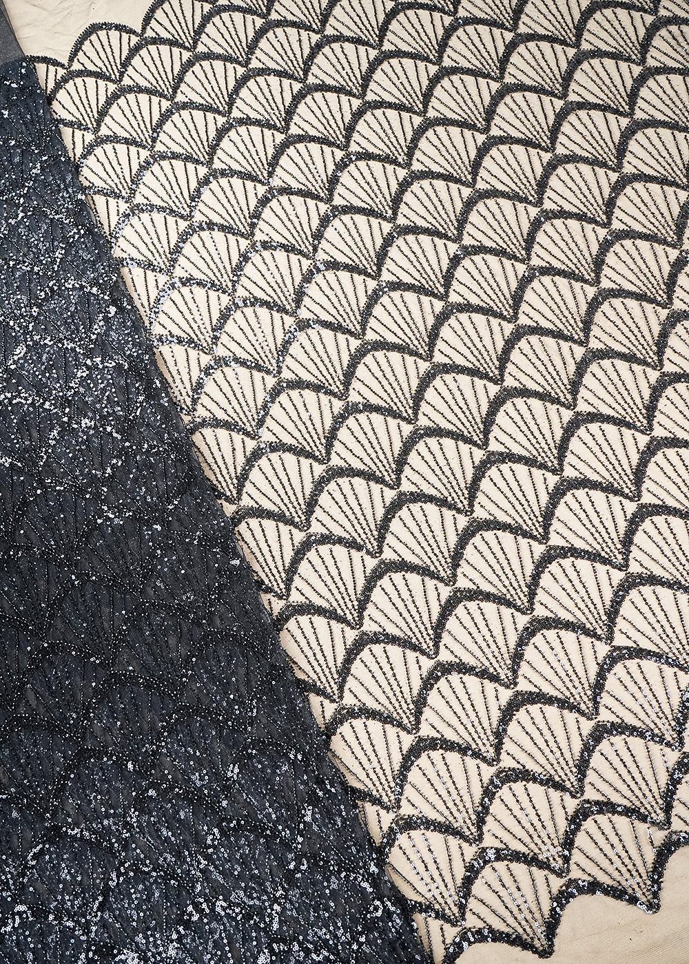 Black Imported Net Fabric with Allover Bead & Sequins Work 19731