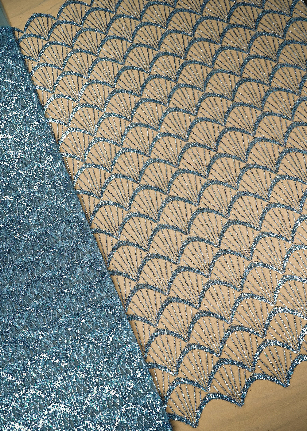 Blue Imported Net Fabric with Allover Bead & Sequins Work 19732