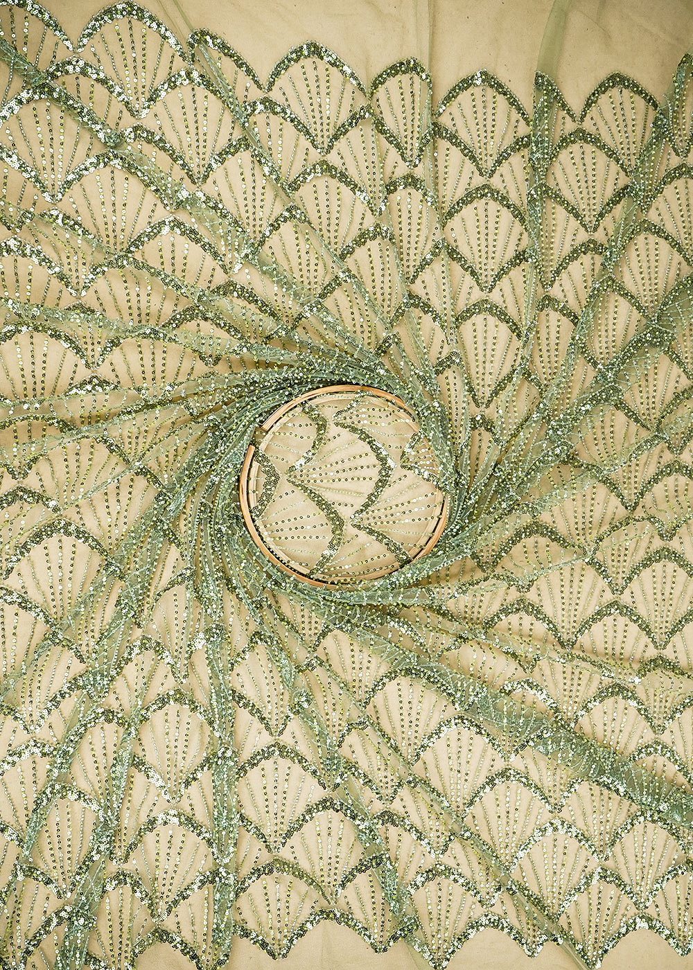 Dark Pista Green Imported Net Fabric with Allover Bead & Sequins Work 19733