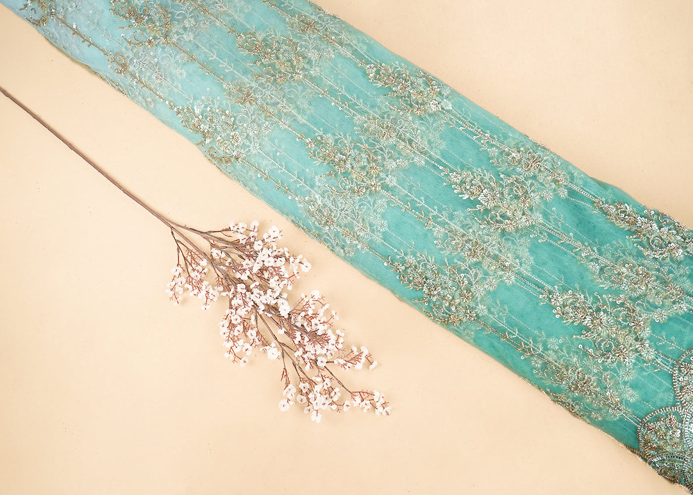 White & Sea Green Imported Net Fabric with Allover Sequins, Katdana, Bead Work and One-Side Border 19735