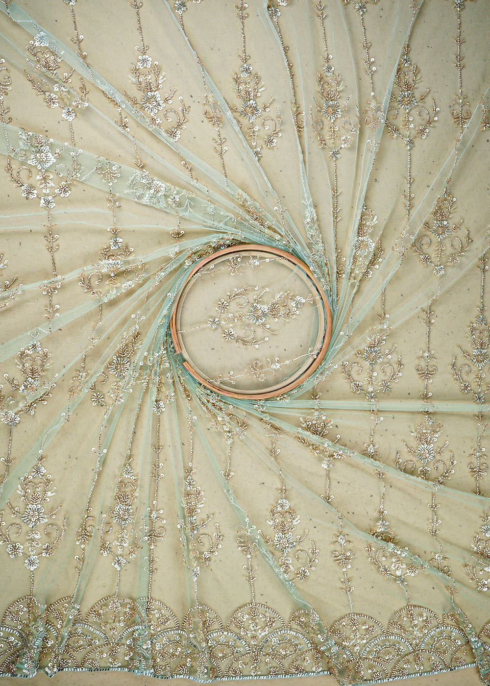 White & Sea Green Imported Net Fabric with Allover Sequins, Katdana, Bead Work and One-Side Border 19735
