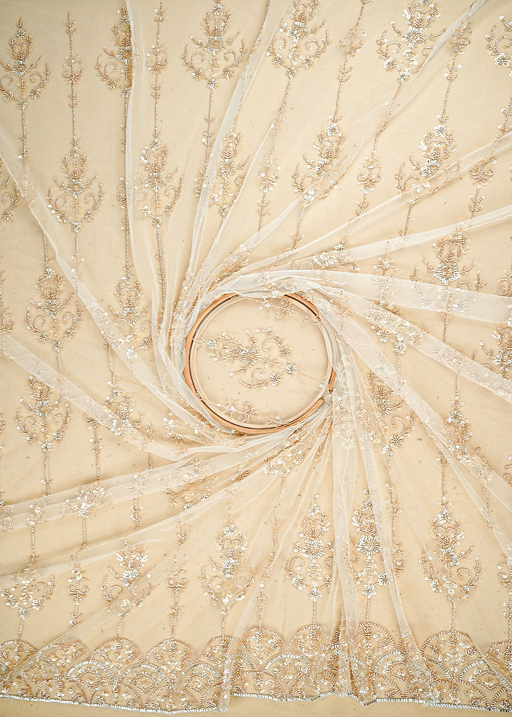 White & Light Gold Imported Net Fabric with Allover Sequins, Katdana, Bead Work and One-Side Border 19736