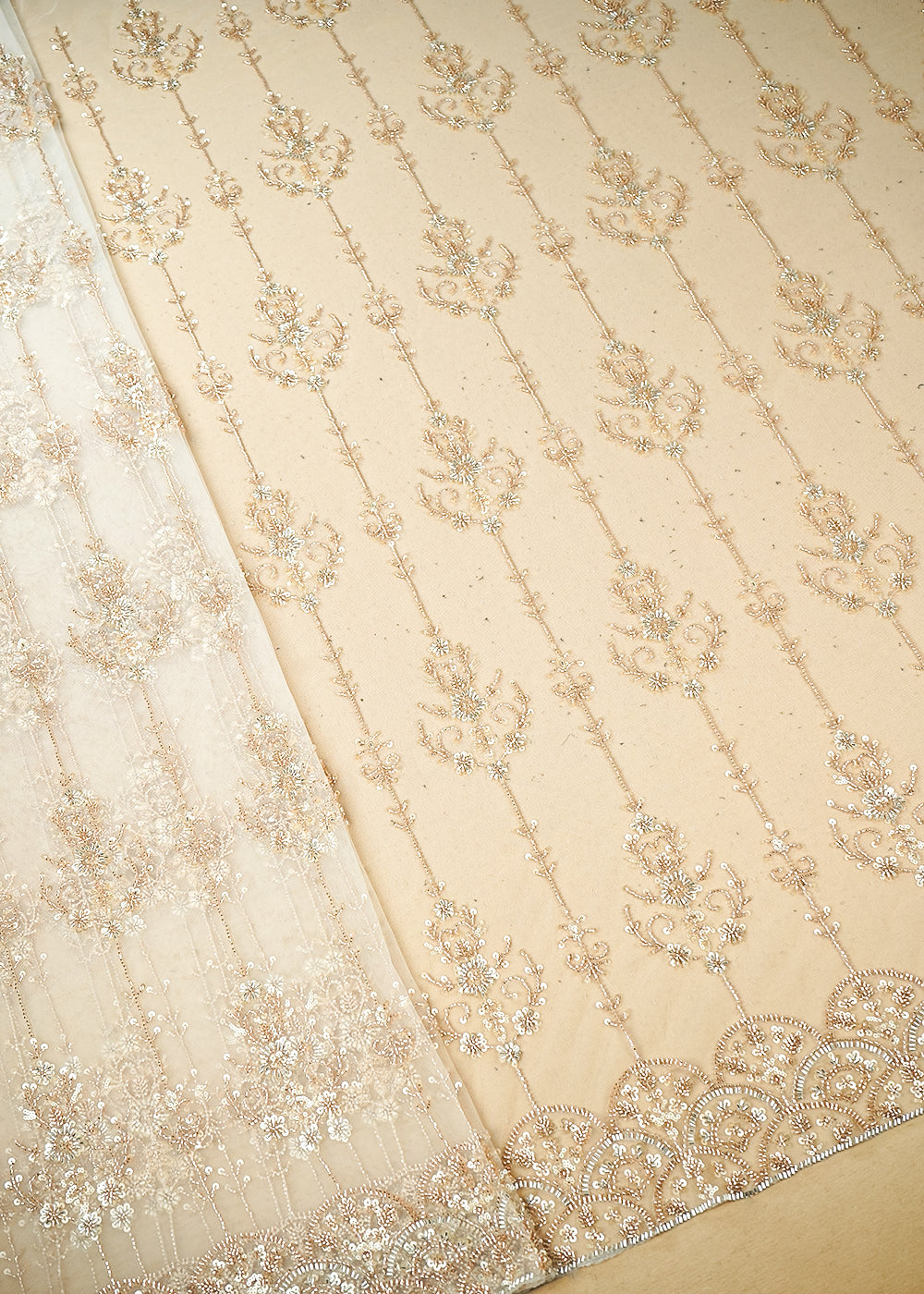 White & Light Gold Imported Net Fabric with Allover Sequins, Katdana, Bead Work and One-Side Border 19736