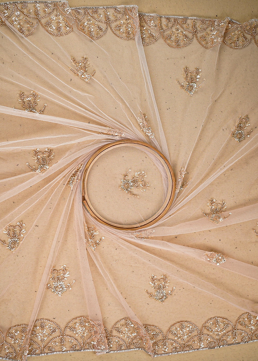 White & Peach Imported Net Fabric with Allover Sequins, Katdana, Bead Work and Two-Side Border 19738