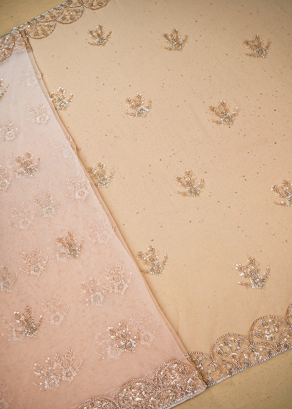 White & Peach Imported Net Fabric with Allover Sequins, Katdana, Bead Work and Two-Side Border 19738