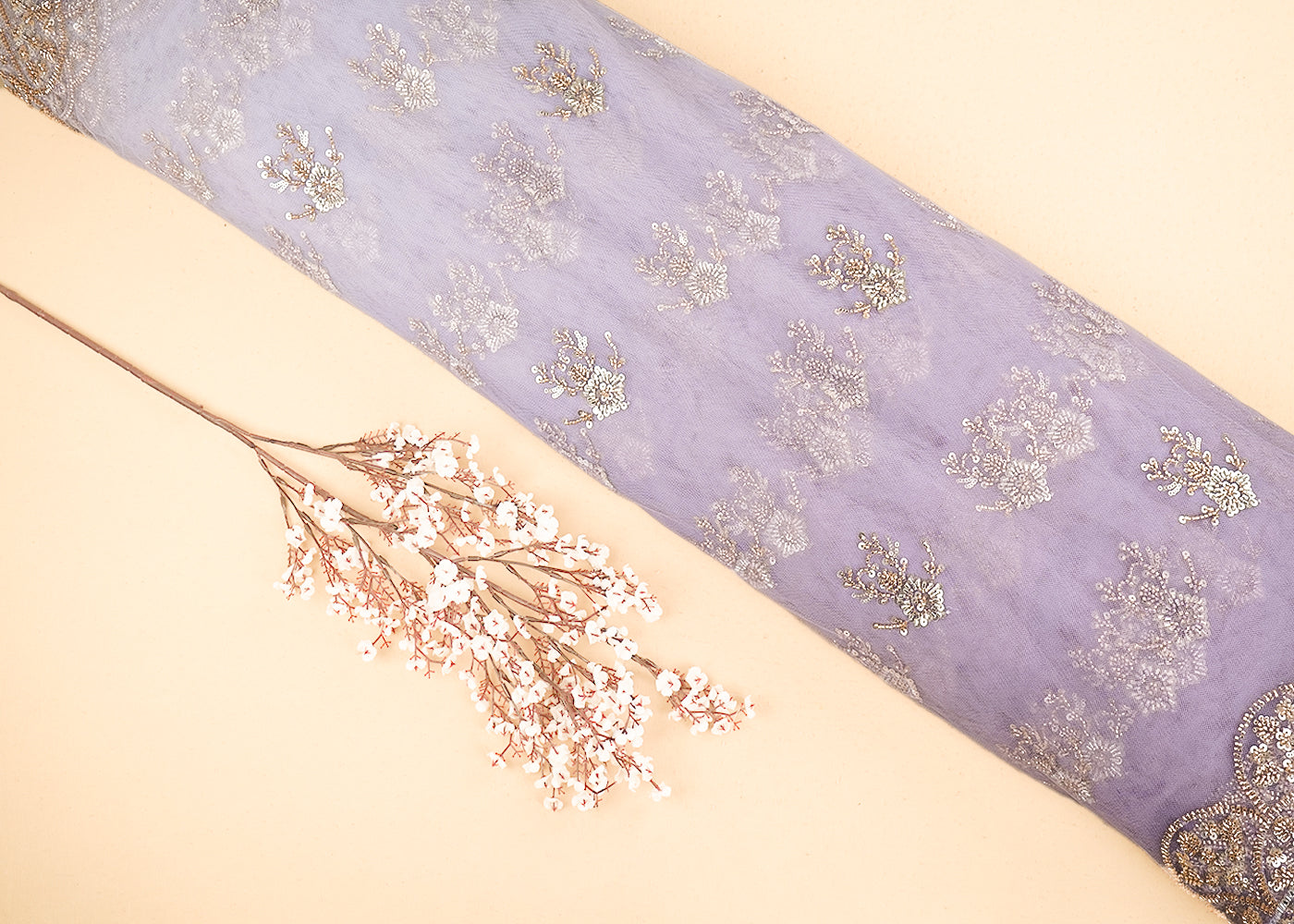White & Lavender Imported Net Fabric with Allover Sequins, Katdana, Bead Work and Two-Side Border 19741